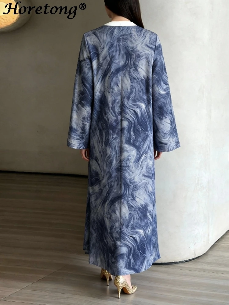 Horetong 2026 Muslim Abaya Robe Women Marble Print Chiffon V Neck Long Sleeve Loose Modest Islamic Elegant Casual Maxi Dress