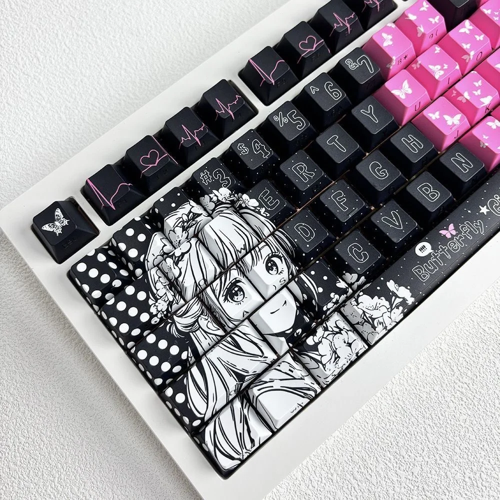EN:​ Custom Heart Girl Theme Keycaps, Cherry Profile PBT 5-Side Dye-Sub Side Print Translucent, Cute Anime Style Gift