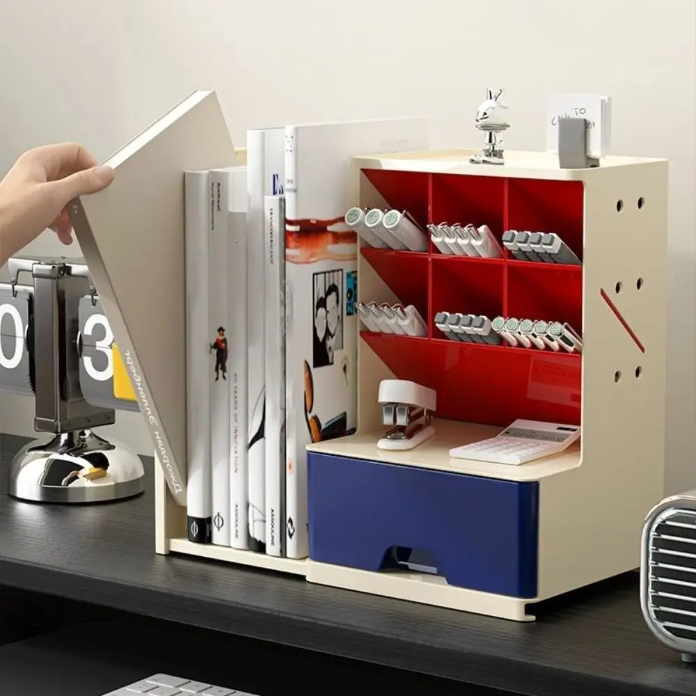 Oblique Design Desktop Pen Holder Large-Capacity Multi Grid Bookend with Drawers Space-Saving Perforated Board Desk Organizer