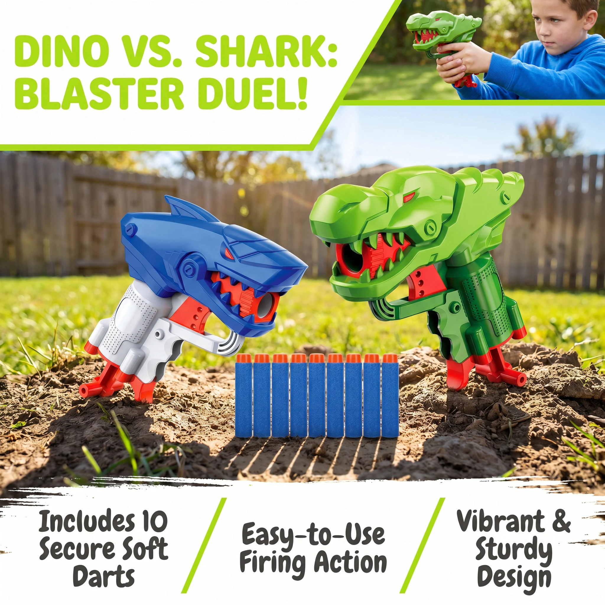 Two-Color Dinosaur Shark Pistol Toy, Boys' Outdoor Shooting Battle Toy Gun with Round Head Soft Bullets, Parent-Child Interactive Leisure Fun Game Equipment, Exercise Children's Hand-Eye Coordination Ability, Outdoor F