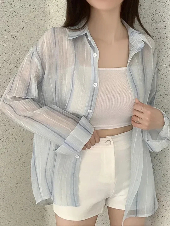 

Loose Striped irt Women's Mid-Length Summer New Sle Korean Version Breathable Air Conditioning Design Sun Protection Oute...