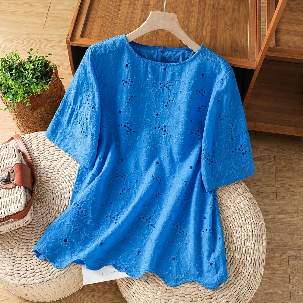 Elegant Hollow out Embroidery Klein Blue Short Sleeve Women's T-Shirt Summer Slimming Trendy Top Casual Style round Neck Cotton