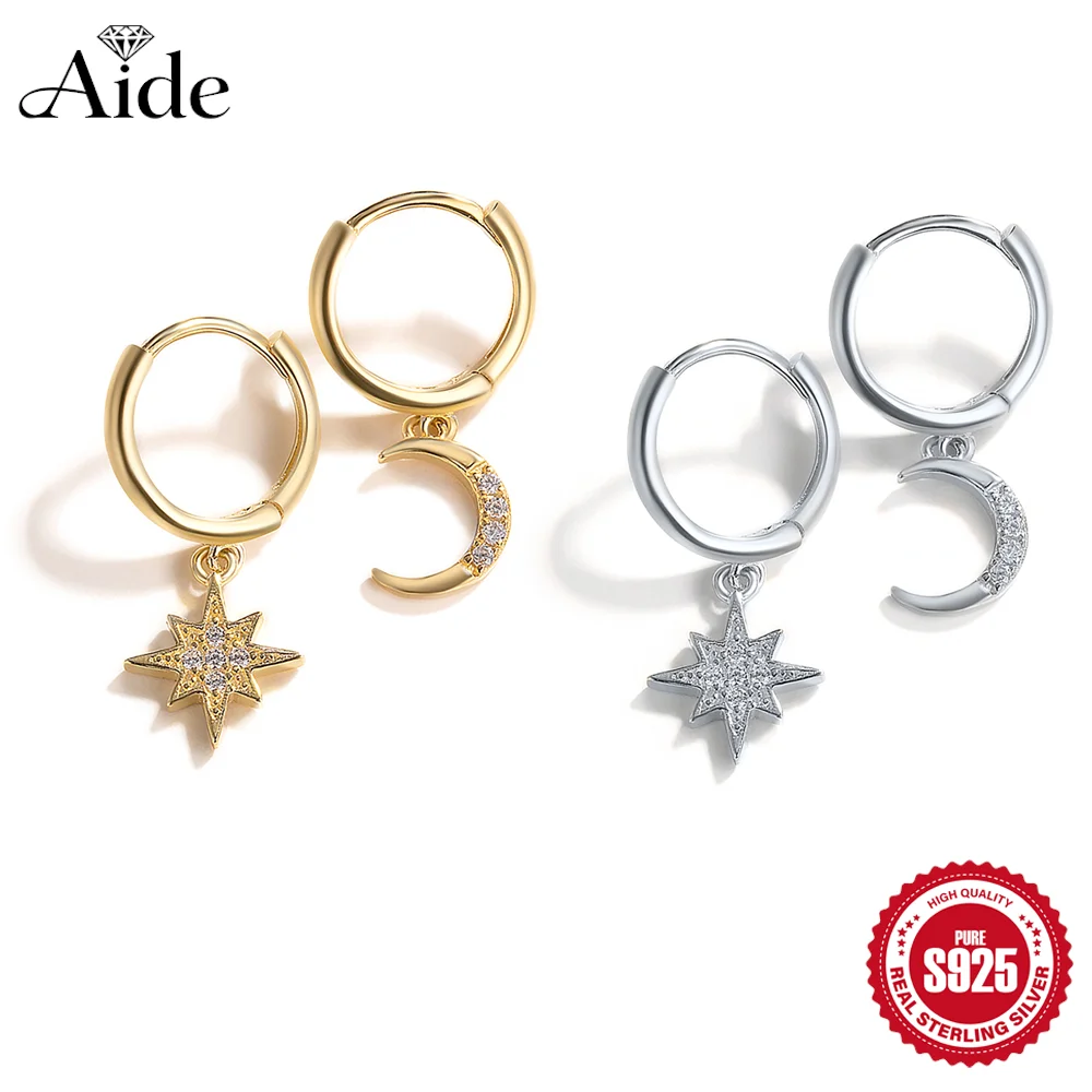 

AIDE 925 Sterling Silver Personalities Octagonal Star Moon Pendant for Women Dainty Piercing Earrings Ramadan Summer Party Gifts