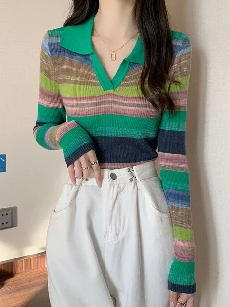 Women Y2K Autumn Knitted Sweater Female Fashion Long Sleeve Pullover Ladies Vintage Casual Lapel Knitwear Top