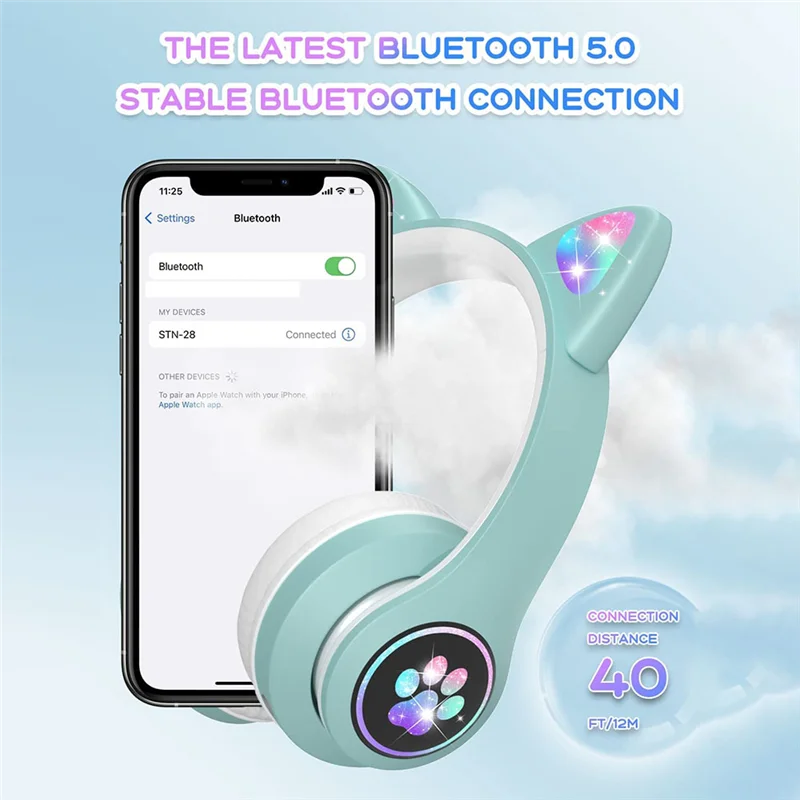 سماعات رأس موثوقة للأطفال مزودة بميكروفون/إضاءة LED RGB، سماعات بلوتوث للأطفال اللوحي/المدرسة/الآي باد/الهاتف الذكي - أخضر