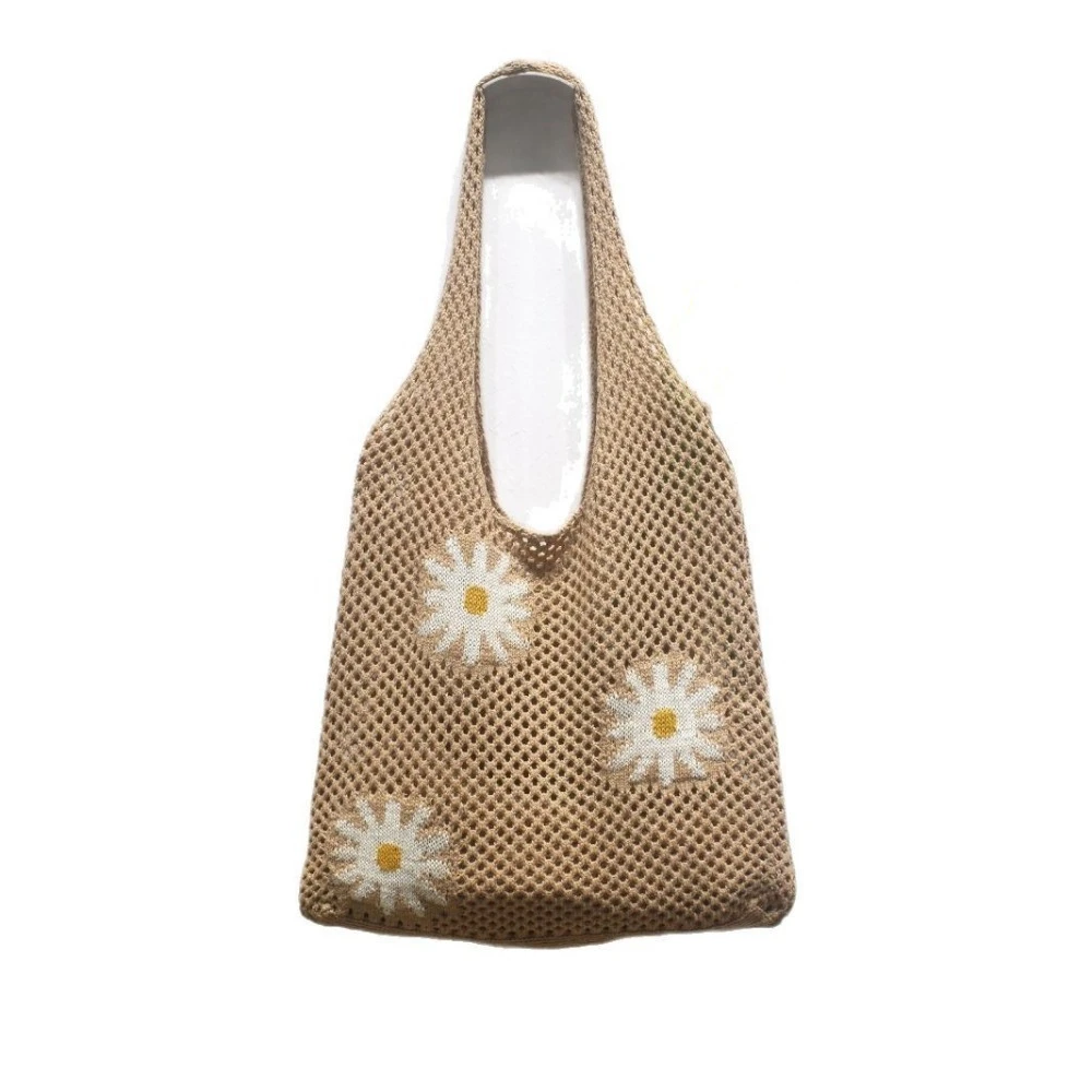 

Reusable Hollow Design Women Shoulder Bag Large Capacity Cute Crochet Tote Bag Sweet Flower Portable Knitting Bag Travel