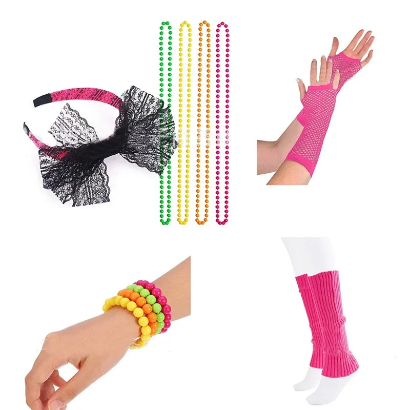 80s Neon Party Supply Fancy Dress Outfit Set Headband Fishnet Gloves Necklace Bracelet Accessory Halloween Costume Cosplay