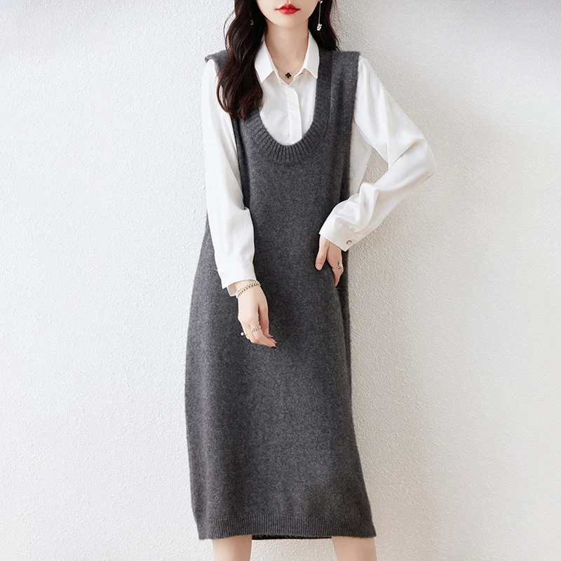 Lady Long Vests Winter Cashmere Dresses  For Women 100% Wool Knitted Clothing 2023 New Arrival  4Colors Female Jumpers