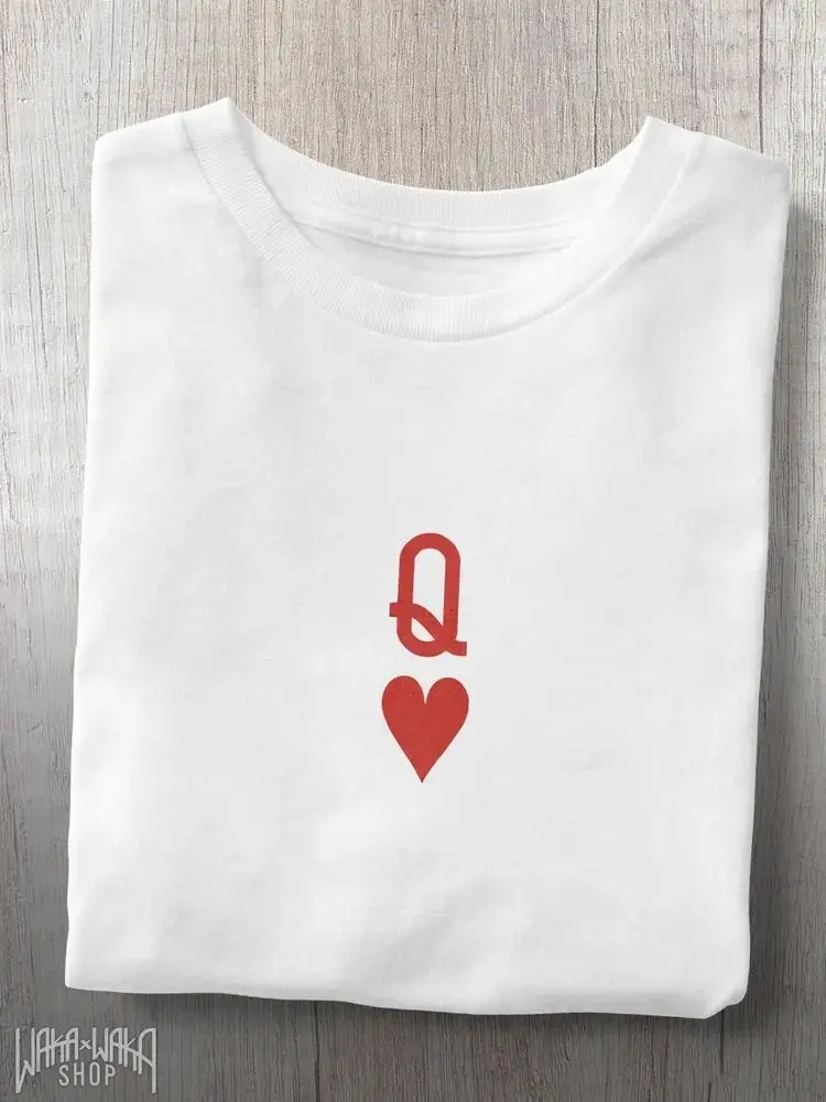 Queen of Hearts Minimalist Print T-Shirt | 180GSM 100% Cotton Classic Crew Neck Short Sleeve Tee | Poker Aesthetic Casual Top
