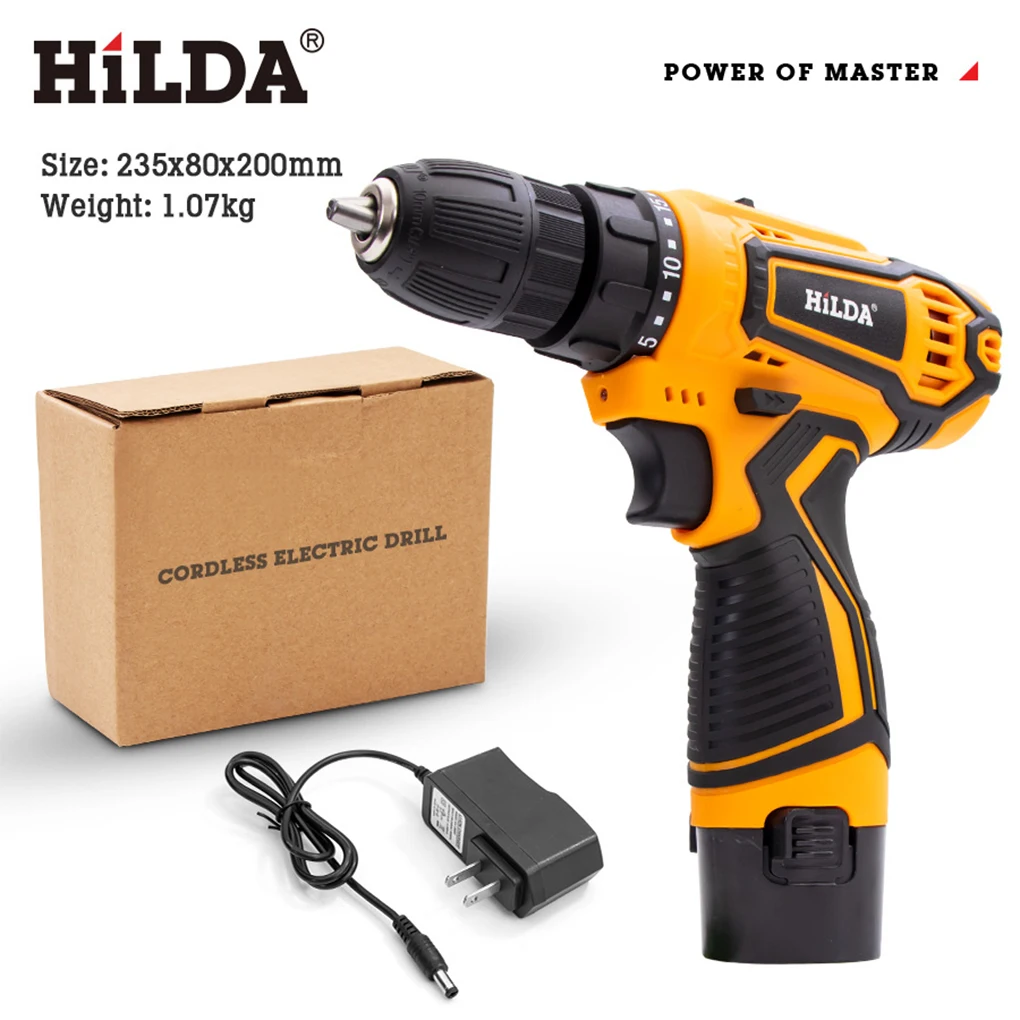 HILDA Multi Electric Drill 12V 16.8V 21V Cordless Drill Electric Screwdriver Mini Wireless Power Driver DC Lithium-Ion Battery