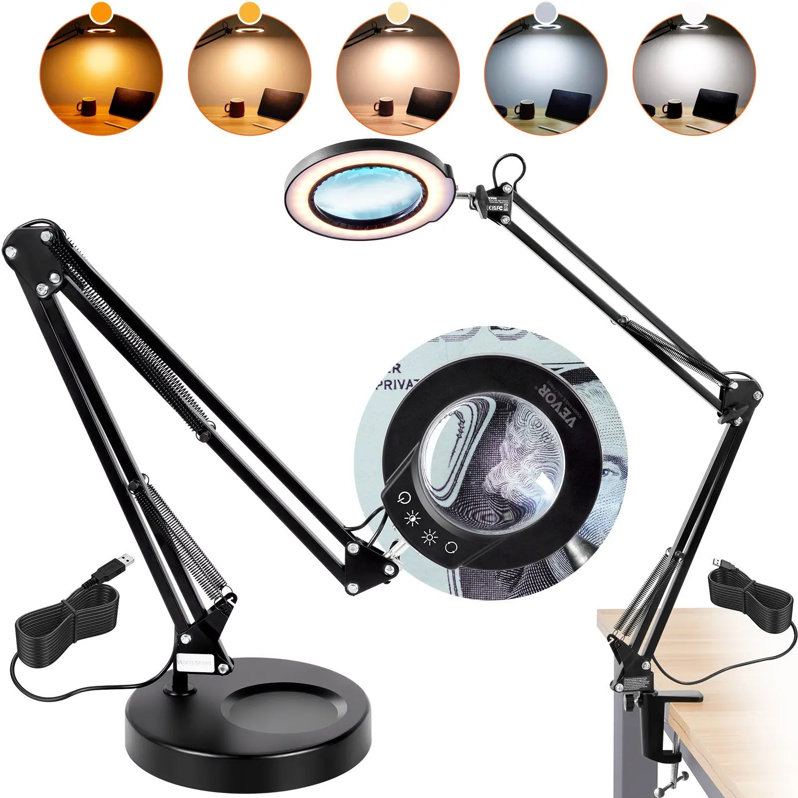 

Magnifying Glass with Light and Stand, 5X Magnifying Lamp, 4.3" Glass Lens, Base and Clamp 2-in-1 Desk Magnifier with Light, 64