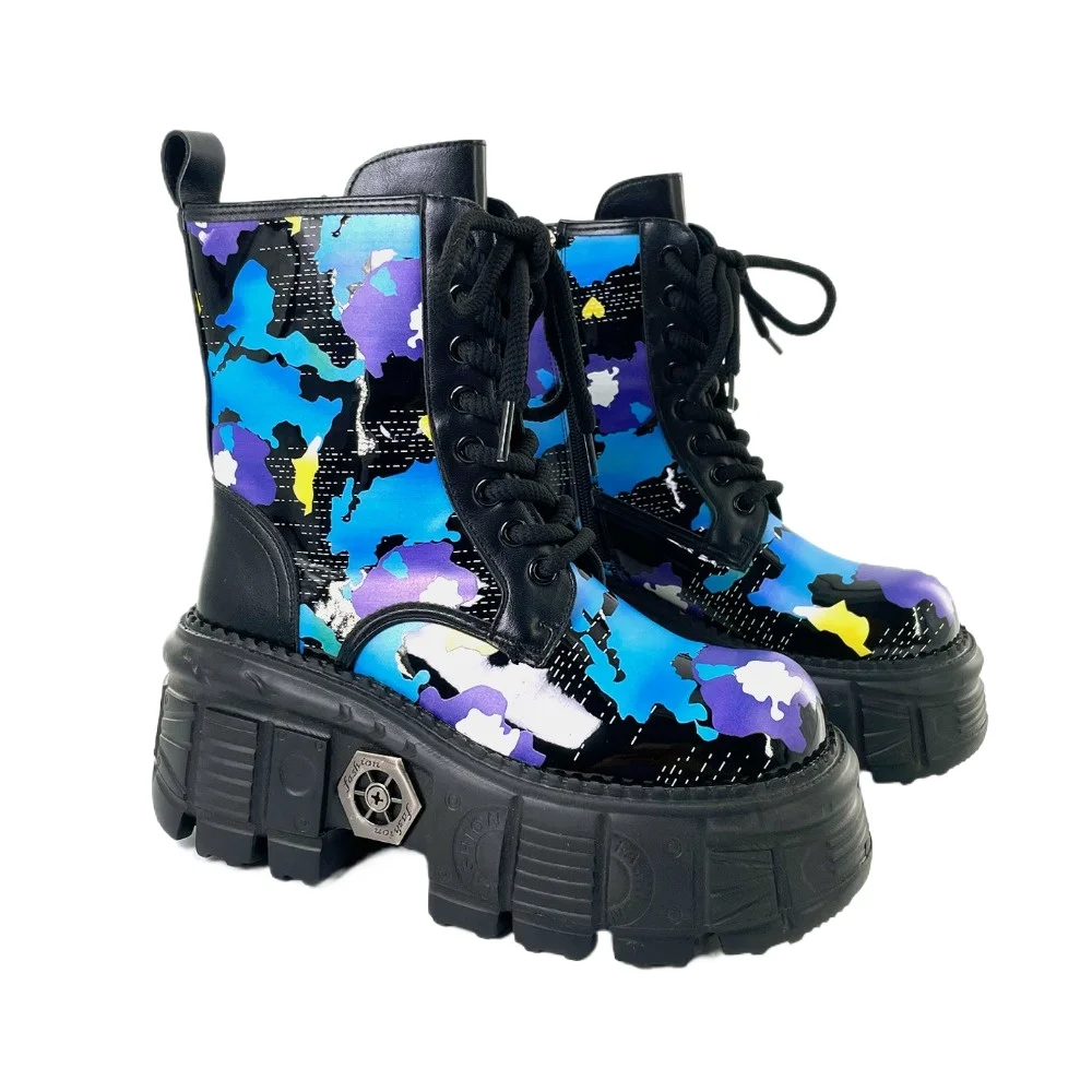 New Fashion Punk Women Motorcycle Boots Platform Mid-calf Rock Round Toe Retro Chunky Hot Girl Shoes Metal Decor Short Boots