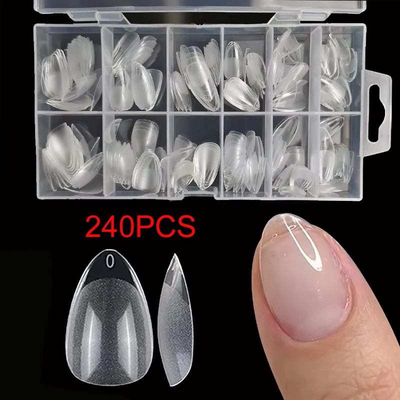 240 Pieces/Box Semi-Matte XXS Almond-Shaped Full Coverage Soft Gel False Artificial Nails for Perfect Ultra-Short Nail Bed Extension