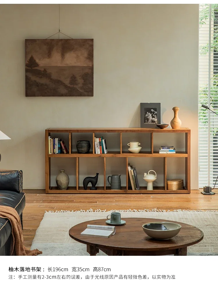 

Indonesian teak storage bookcase solid wood multi-grid retro wabi-sabi wind study living room floor-to-ceiling bookshelf