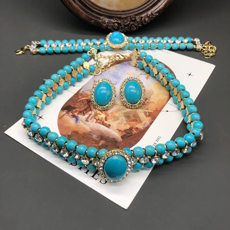 

Women Vintage Minimalist Turquoise Necklace Bracelet Stud Earrings Set 2025