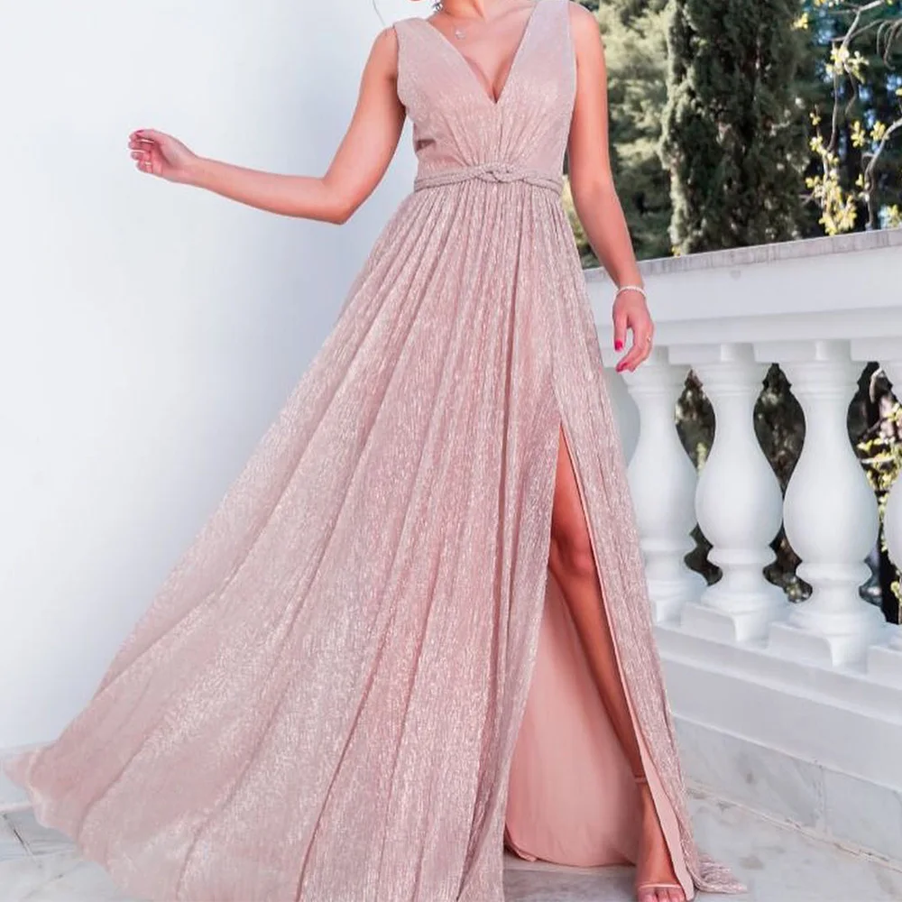 

Customized High Quality Organza Belt Evening Dress Delicate V-Neck Sleeveless Party Dress Saudi Arabia 2025 Robe de soirée