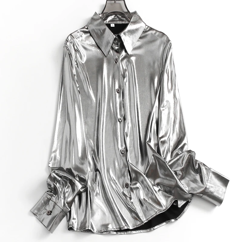

Блестящая однотонная рубашка металлик для женщин, модные однобортные блузки с отложным воротником, повседневная свободная универсальная верхняя одежда