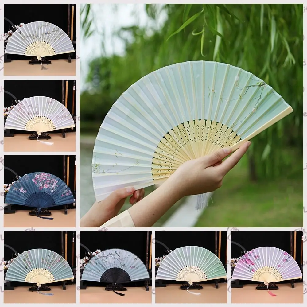 Portable No Deformation Folding Fan Handmade Bamboo Handle Props Fan Ancient Style Silk Fabric Hanfu