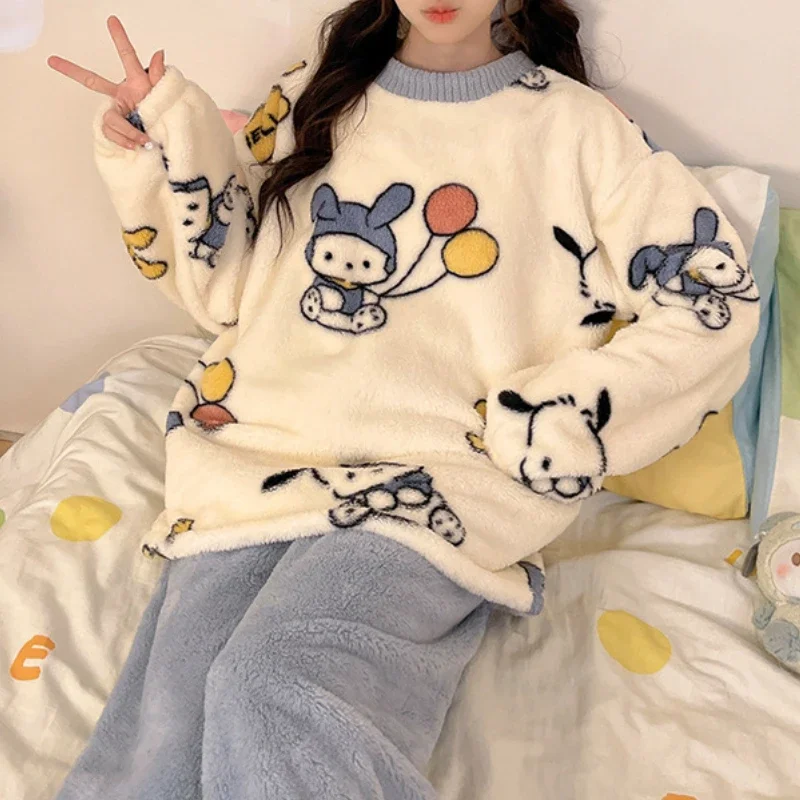 

Cartoon Sanrio Pochacco Women Pajamas Cute Padded Thickened Warm Two-piece Loose Comfortable Can Be Worn Outside The Homewear