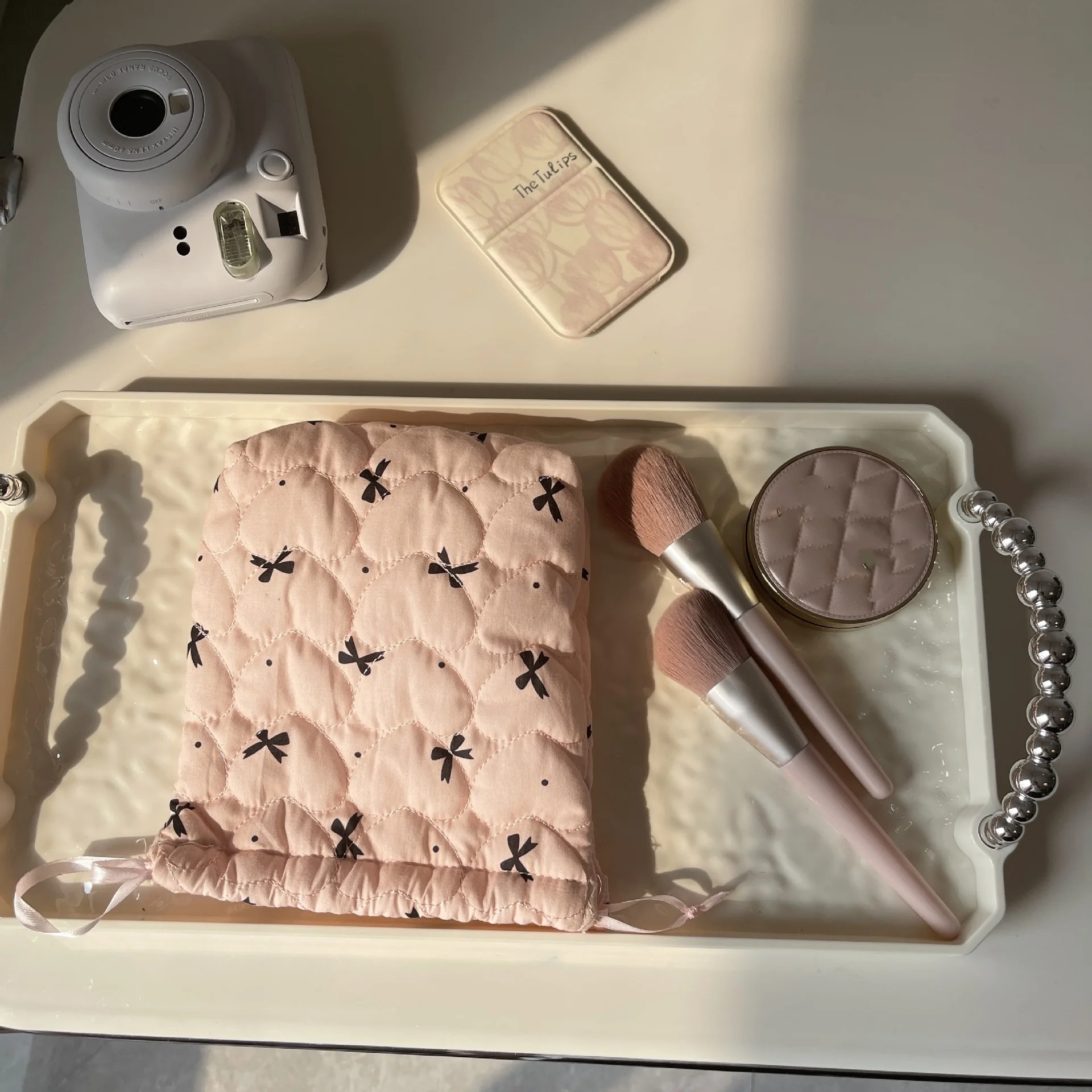 حقيبة مكياج برباط على شكل فيونكة وردية، حقيبة تخزين قائمة للكاميرا CCD، حقيبة يد ناعمة مضادة للسقوط، حقيبة أدوات الزينة المحمولة للسفر #5