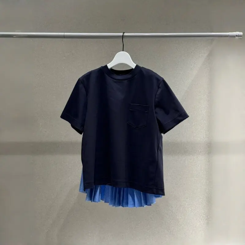 

SAC Japanese summer new splicing pleated loose round neck casual short-sleeved T-shirt