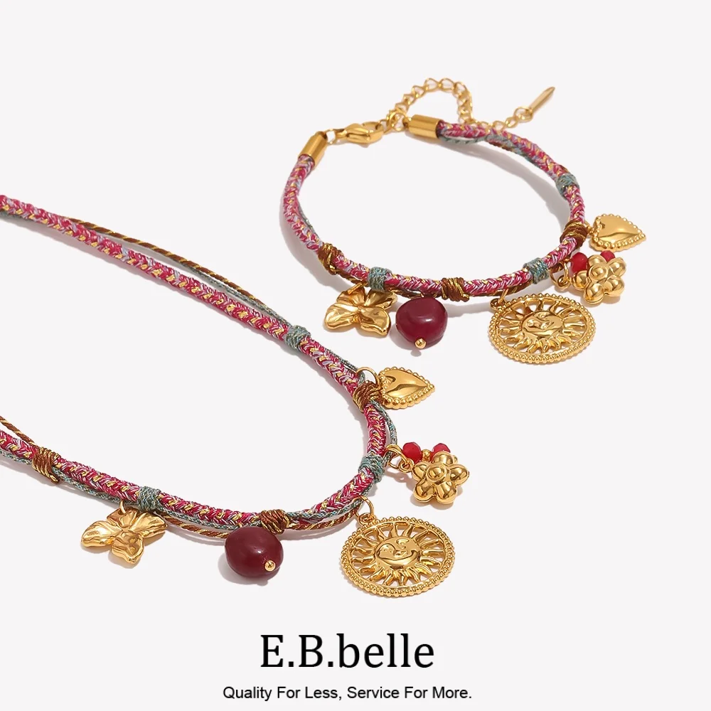 E.B.belle Sun Expression Pendant Colorful Rope Chain Necklace And Bracelet Vintage Round Brand Jewelry Set With Small Heart