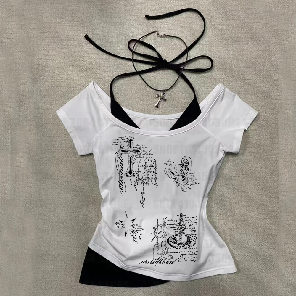 Camiseta retro de manga corta con hombros descubiertos para mujer, corte ajustado, con estampado geométrico, a la moda, estilo retro Y2K