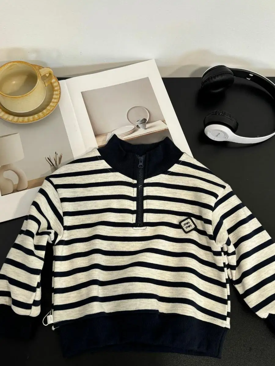 

Boys' Striped T-irt f Zip Casual Versatile Long Sve irt for Kids Trendy Autumn Wear Stand Fit Non-Brand