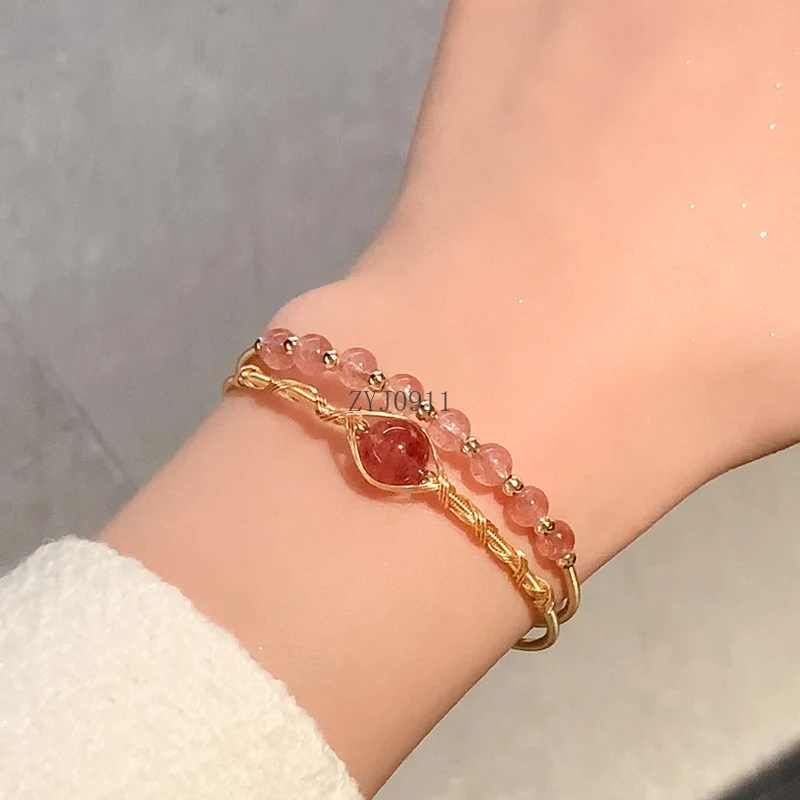 Nueva pulsera china de piedra lunar, pulsera de anillo liso para mujer, pulsera de cristal de fresa Premium, mano elástica de estilo nacional