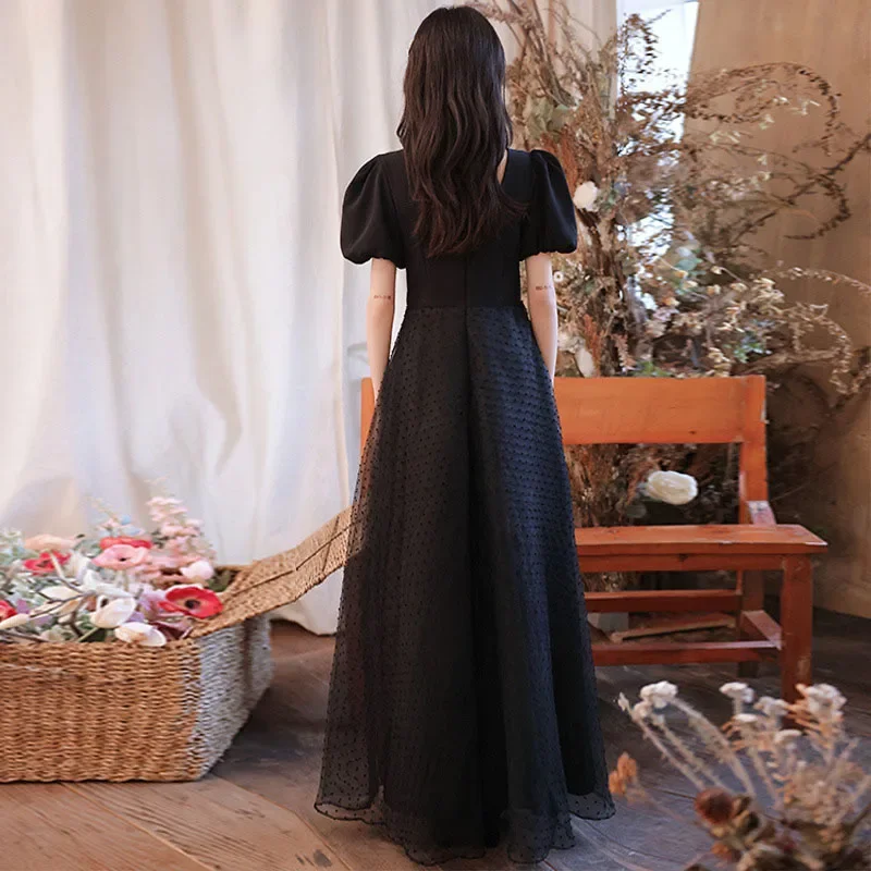 GIYSILE-Robe de Soirée Noire en Maille de Niche, Tenue Formelle d'Anniversaire, Col Carré, Bulle, Manches Courtes, Éducative