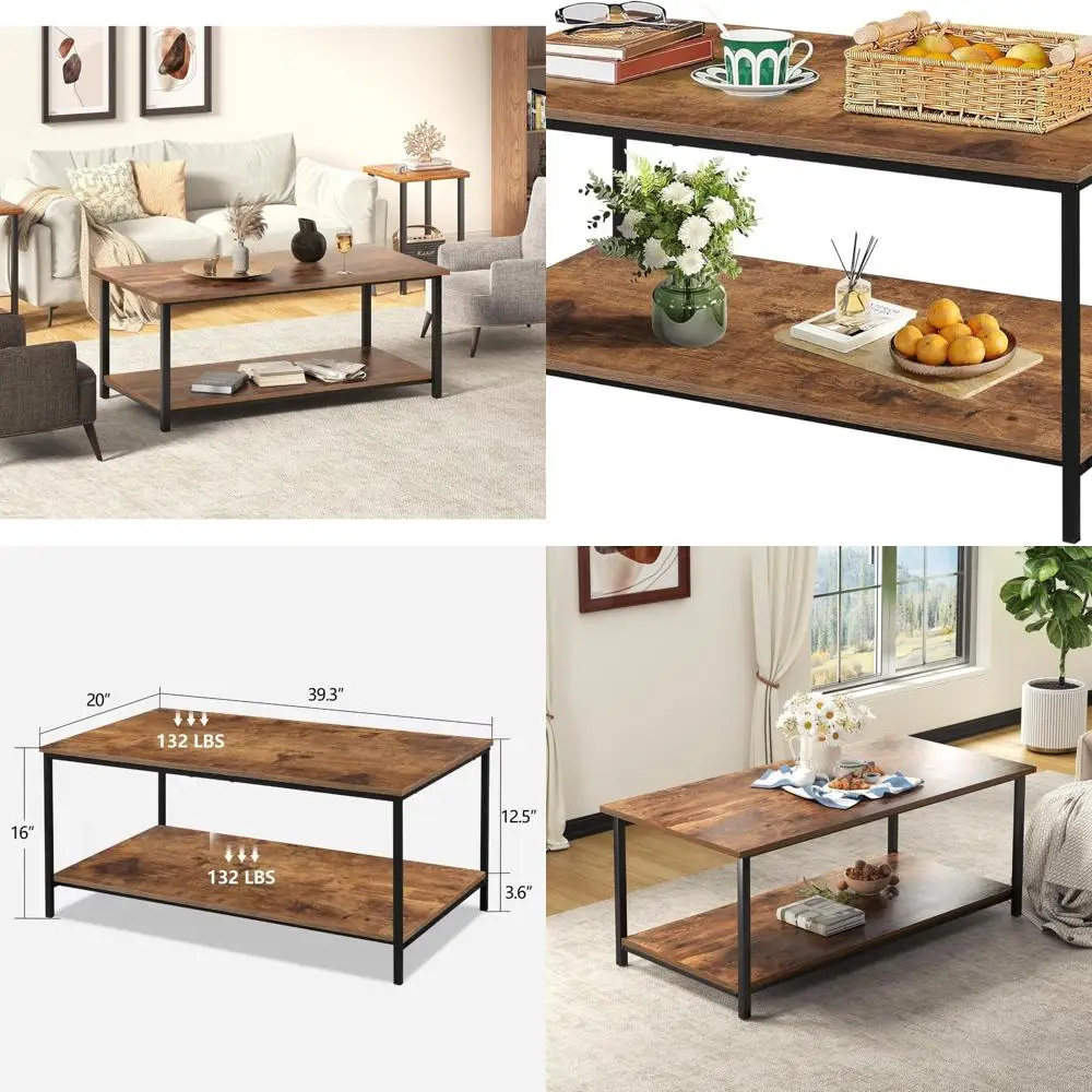 

Brown Rectangular Wood & Metal 2-Tier Coffee Table with Storage Shelf for Living Room, 39.3 x 20 x 16
