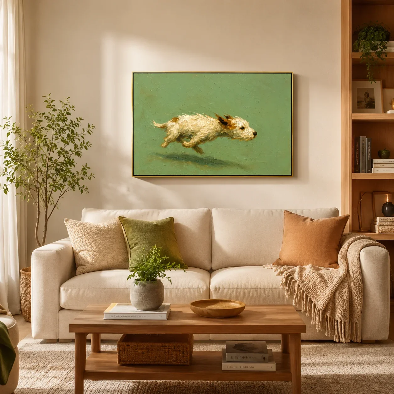 1pc frameless Canvas Painting Free Spirit Run – Sage Green Minimalist Impasto Dog Oil Painting,High‑Grade Home Decoration Artwor