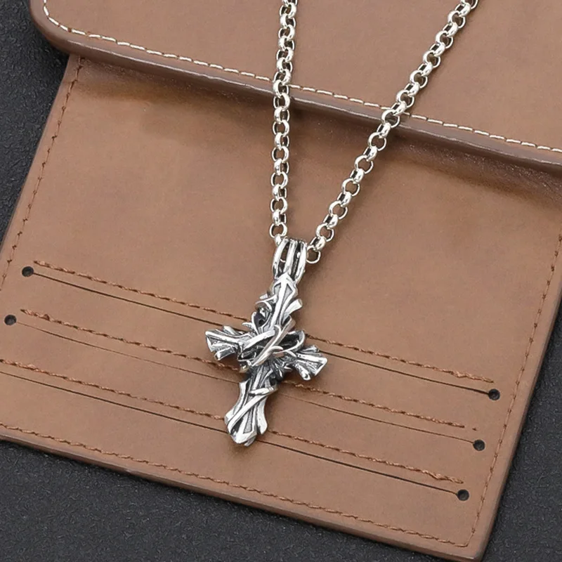 BOCAI S925 Sterling Silver Pendants for Women Men New Fashion Irregular Eternal Rattan Cross Amulet Jewelry Wholesale