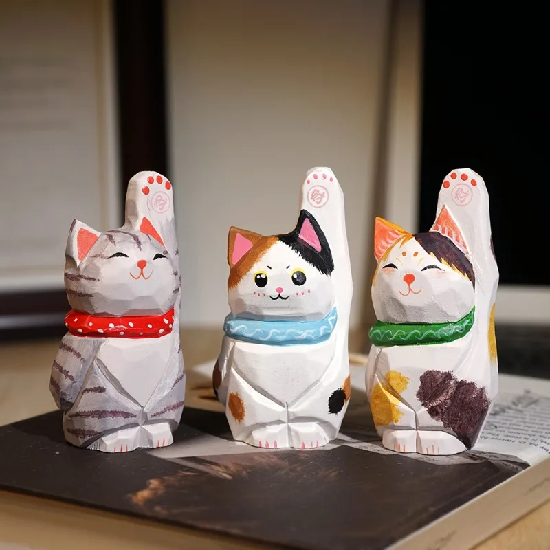 Fortune Beckoning Feline Hand Carved Wood Statue Lucky Charm Miniatures Cartoon Animal Office Desk Decor Gift Wooden Cat Craft