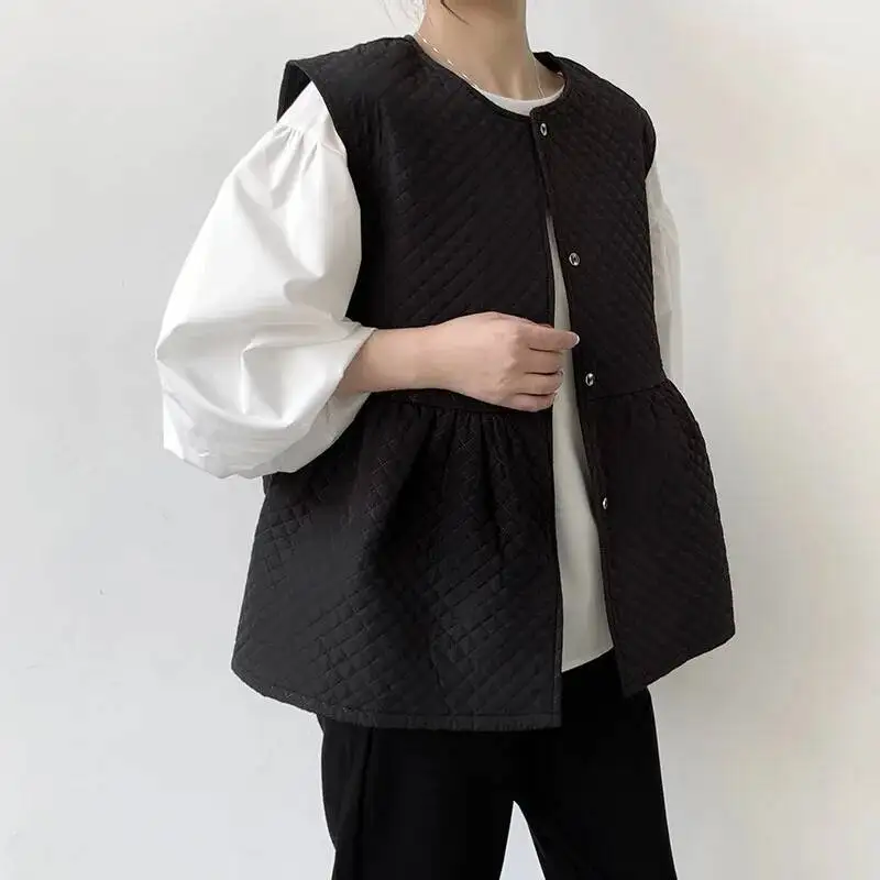 Japan Rakuten Autumn Winter New Black Quilted Vest Ruffled Round Neck Fashion Versatile Loose Women's Clothing