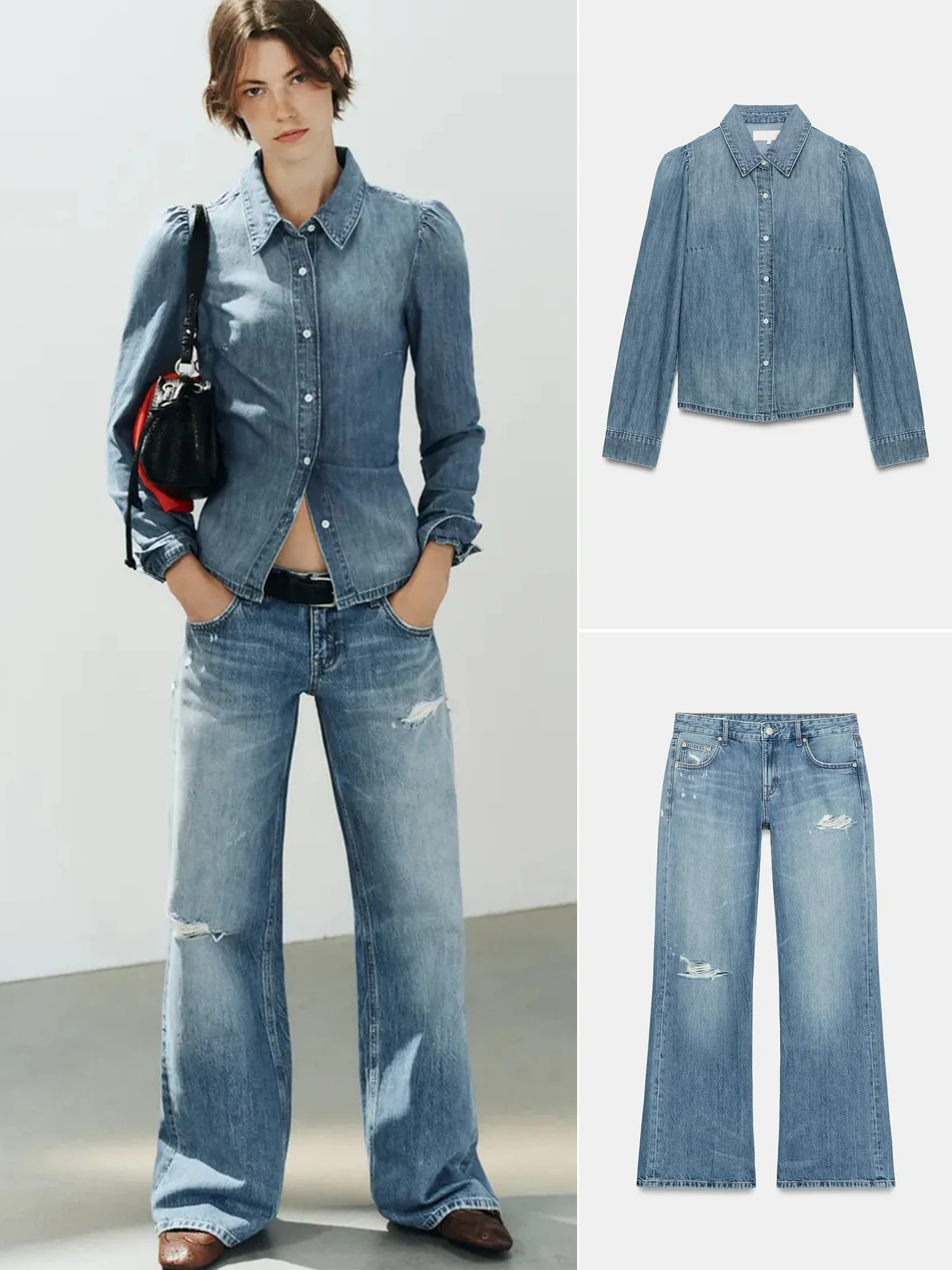 Low Waist Ripped Denim Shirt And Pants Set Long Sleeve Collared Fold Shoulder Design Fashionable Women's Autumn Outfit Polyes...