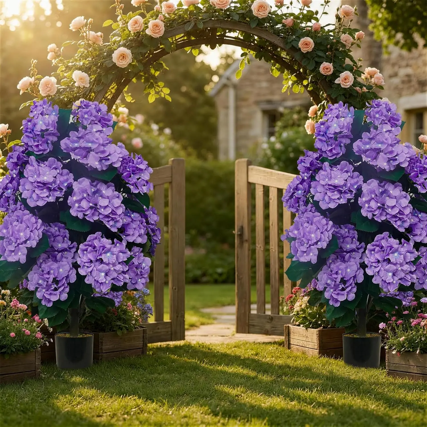 Purple Artificial Hydrangea Topiary Trees, 32 Inch Potted Faux Hydrangea Plants, Set of 2 for Porch Decor