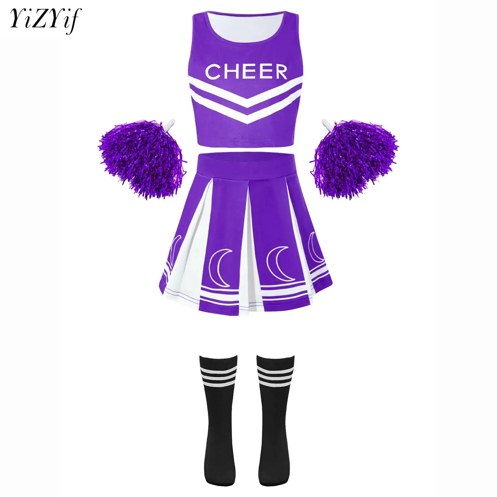 

Kids Girls Cheerleading Outfit Sleeveless Cheerleader Costume With Flower Balls Set for Stage Performance Dancewear Cospaly