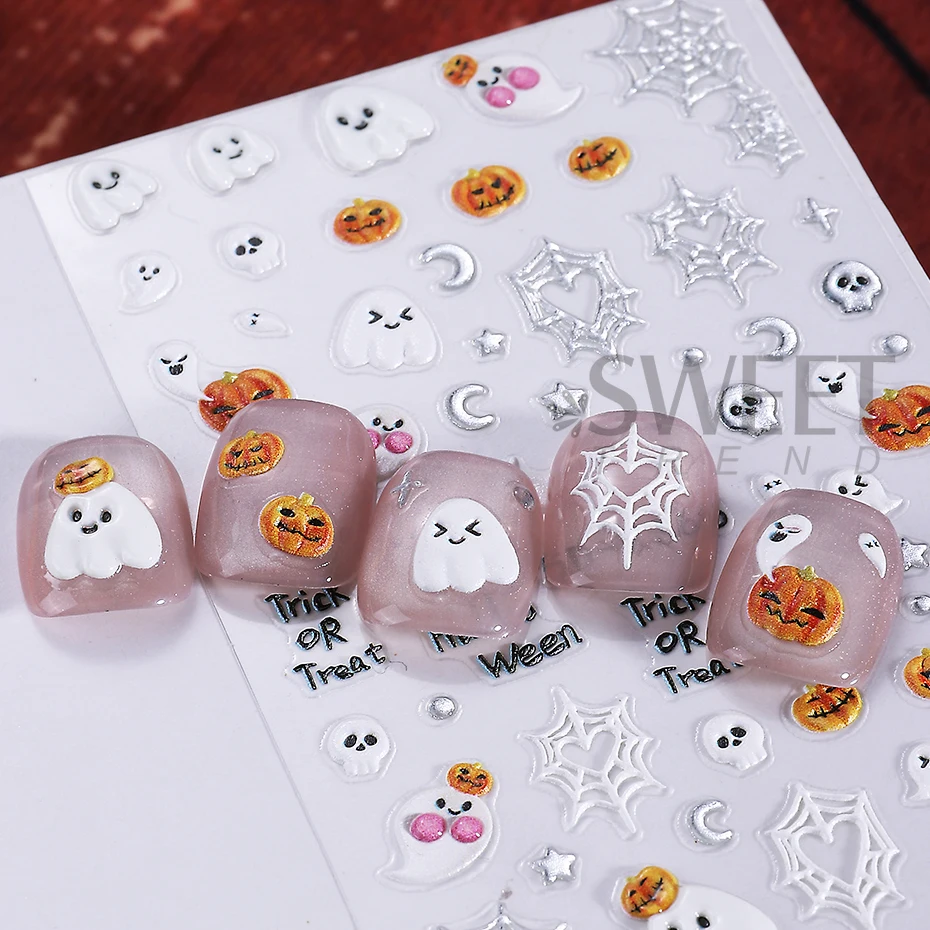 2pcs 5D Embossed Nail Stickers Cute Cat Pumpkin Star Skull Ghost Spider Web Adhesive Nail Decals Halloween Manicure Decoration
