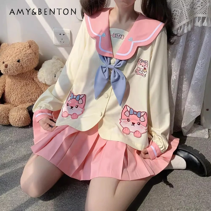 

Japanese Original Genuine Sweet and Cute Jk Uniform Kindergarten Sailor Collar Long Short Sleeve Top with Short Skirt Suit Women