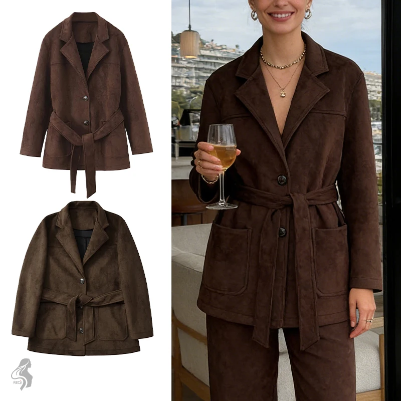 

Womens Blazer Coat With Notched Lapel Single Breasted Pocketed Belted Waist Commuter Elegant Vintage Coat Woman Clothes Tops
