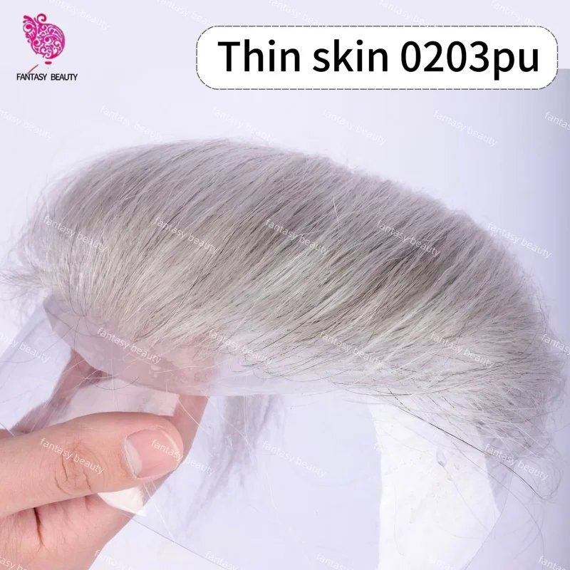 90% كثافة خط فرونت لاين طبيعي على شكل حرف V 0.03 مم PU قاعدة شعر مستعار للرجال م # 60R # 1B80 # 1B65 نظام استبدال الشعر المستعار أبيض أسود رمادي #1