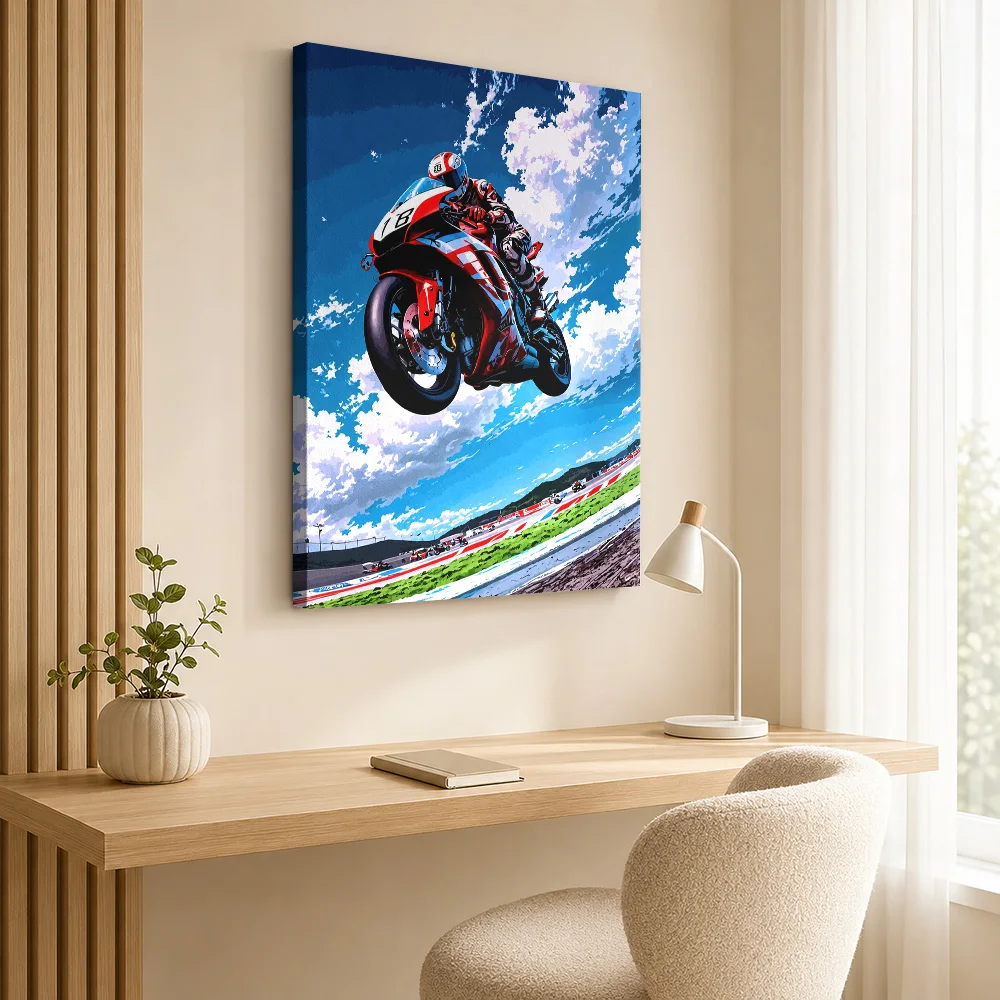 Motorcycle Race Under Blue Sky Framed Canvas Print Personalized Photo Bold Contours And Flat Colors Wall Art For Biker Lounge