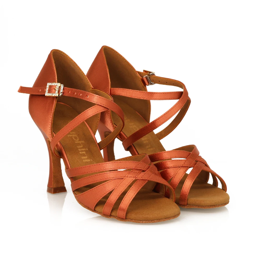 Suphini【Deborah】Red Deep Tan Satin 5 Strap 8.5cm Flare Heel Sandals