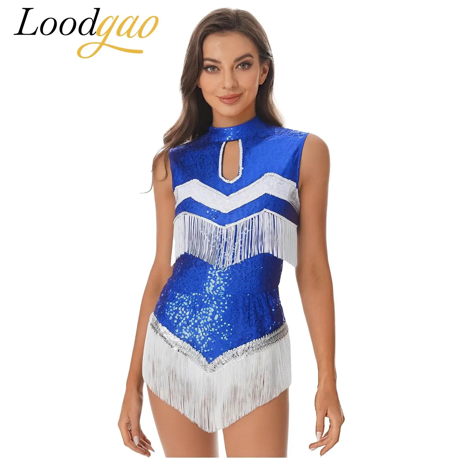 

Womens Bodysuit Cheerleader Cheering Team Costume Cosplay Sequin Tassel Leotard Dancewear Cheerleading Halloween Fancy Dress