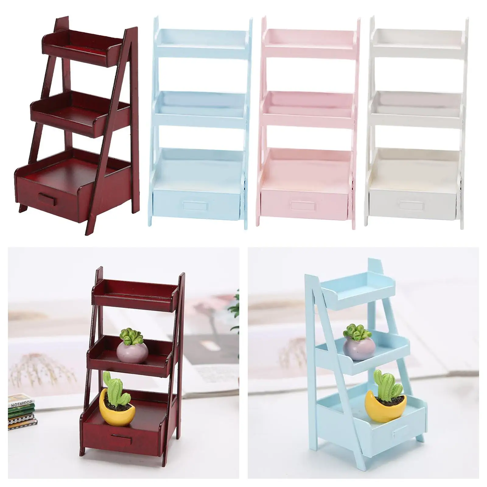 1/12 Dolls House Mini Wooden 3 Layer Flower Pot Shelf Display Rack Unit