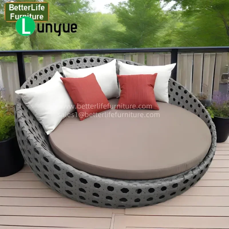 Luxury Rattan Round Bed Outdoor Patio Furniture Garden Pool Beach Lounger Sunbed Sofa with Cushion for Relaxing