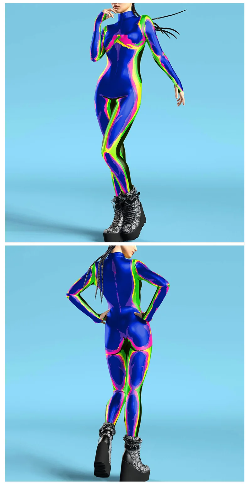 Futuristische Technologie Punk-Roboter Damen-Jumpsuits Kleidung Bunter Texturdruck Zentai-Bodysuit Cosplay-Kostüm Halloween-Outfit – Detail 5