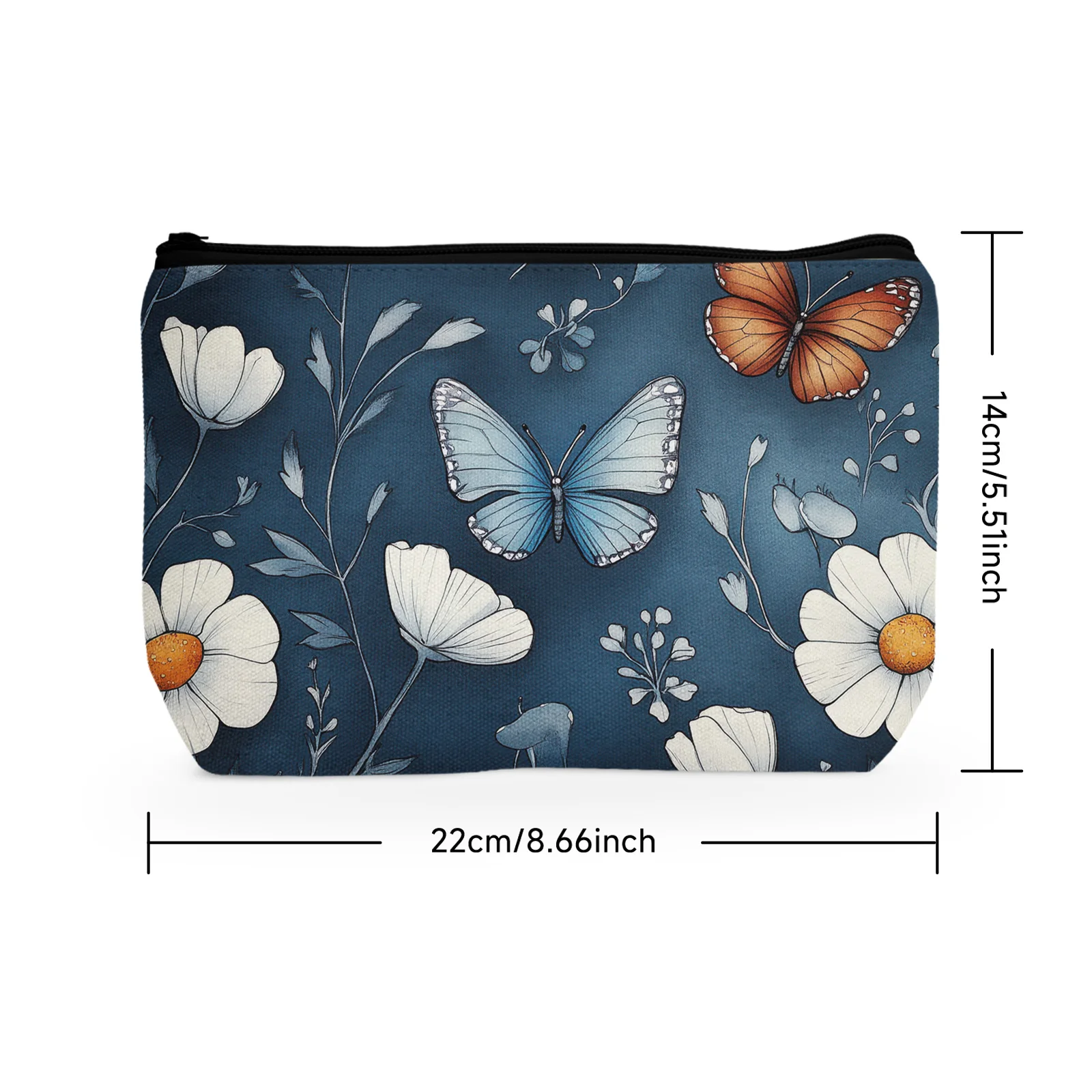 1Pc Charming Blue Butterfly Flower Cosmetic Bag Durable And Stylish With Zipper Portable Women'S Cosmetic Bag Suitable For