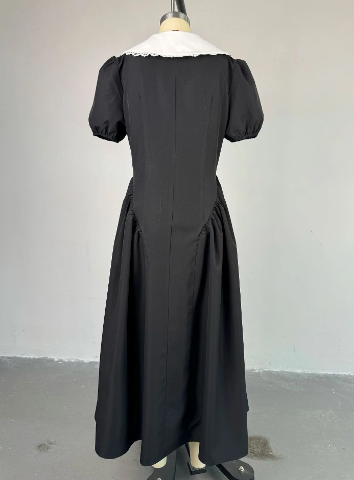 Franse damesjurk temperament woon-werkverkeer revers V-hals kant bubble korte mouwen slim fit hoge taille button-up shirt lange jurk